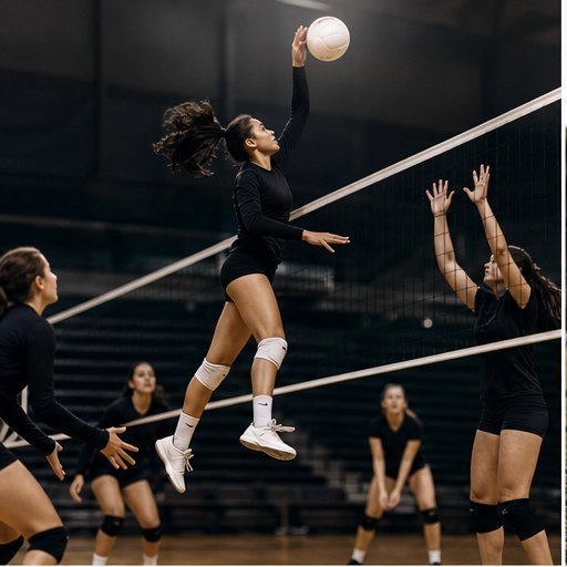 Volleyball player jumping above the net during a match