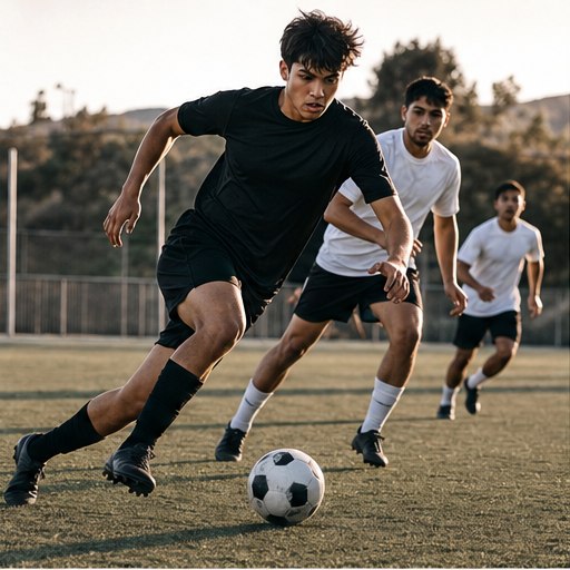 Soccer player changing direction while dribbling on an outdoor field