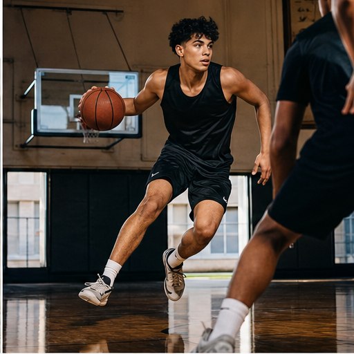 Basketball player driving across an indoor court